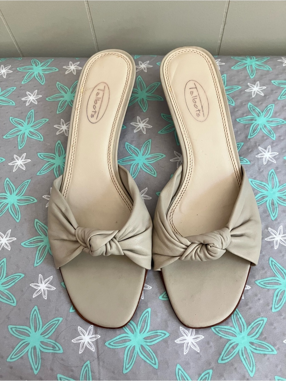 Talbots Taupe Leather Knot Slide Mules With Kitten Heels